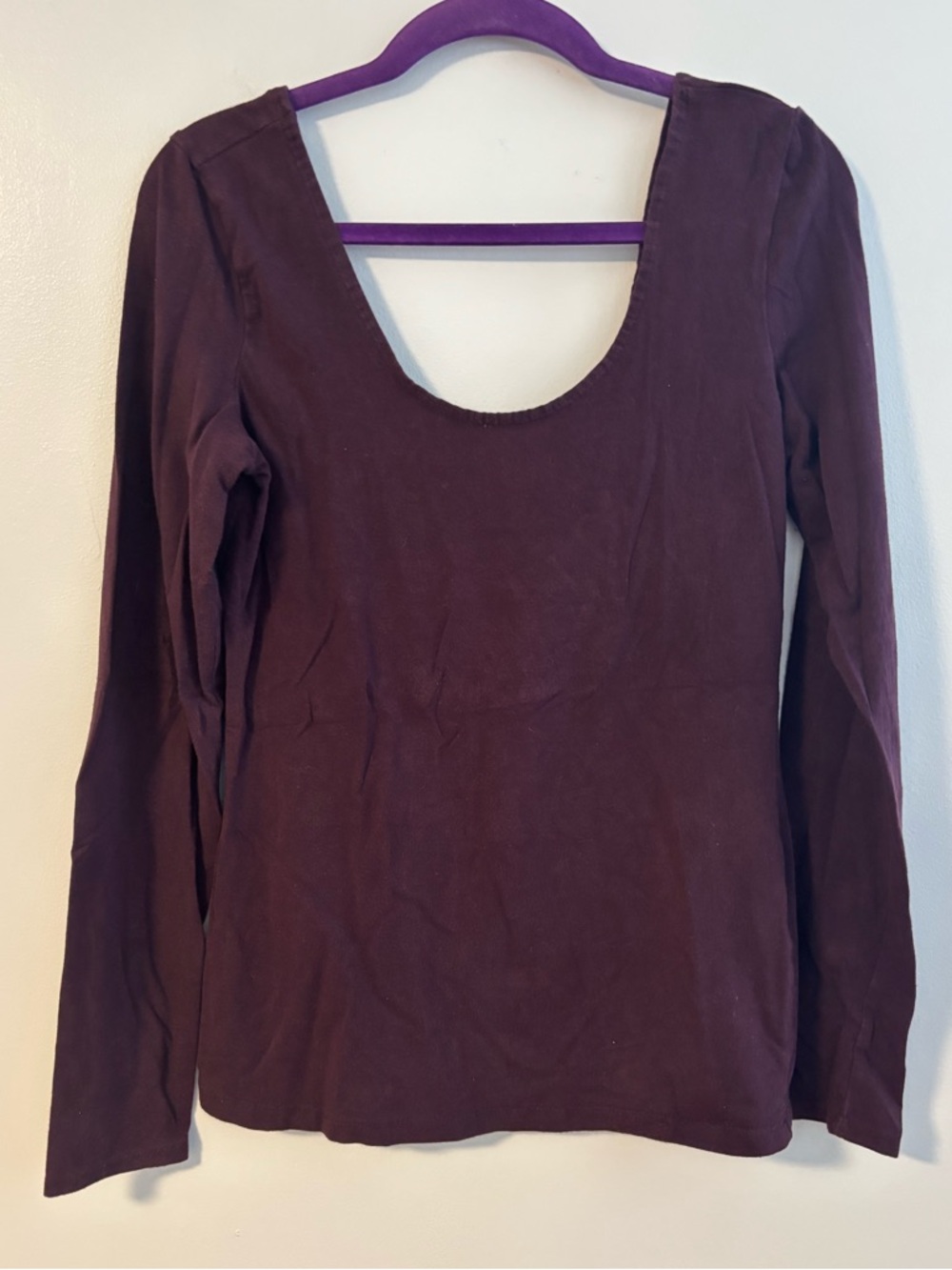 Plum Purple Deep Crew Neck Long Sleeve Cutout Back Panel Stretch Top Size Large